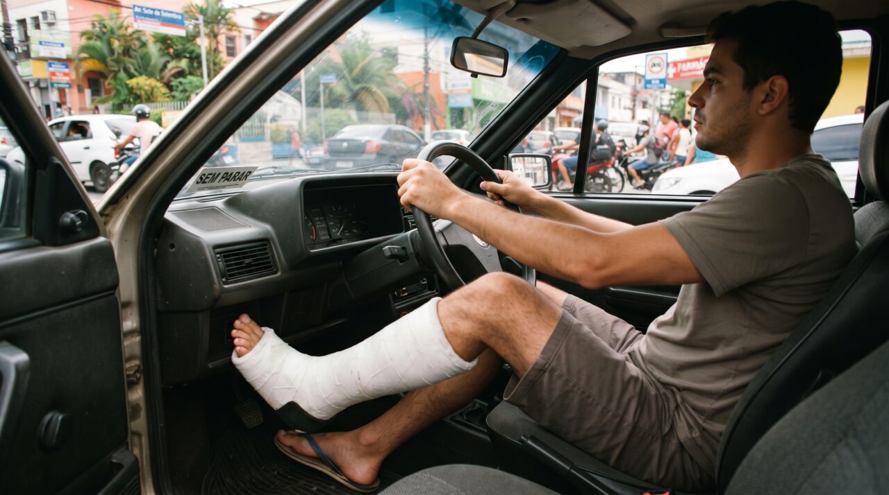 Homem engessa a perna esquerda após queda esportiva, decide ir ao trabalho dirigindo seu carro automático e é impedido de seguir viagem ao ser abordado em blitz