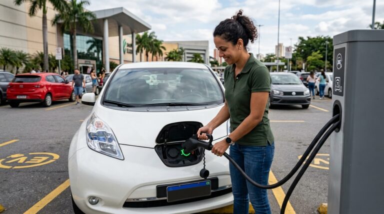 Condutor estaciona por poucos minutos numa vaga destinada à recarga de carros elétricos sem conectar o veículo e descobre que a sinalização vale mesmo quando não há ninguém esperando