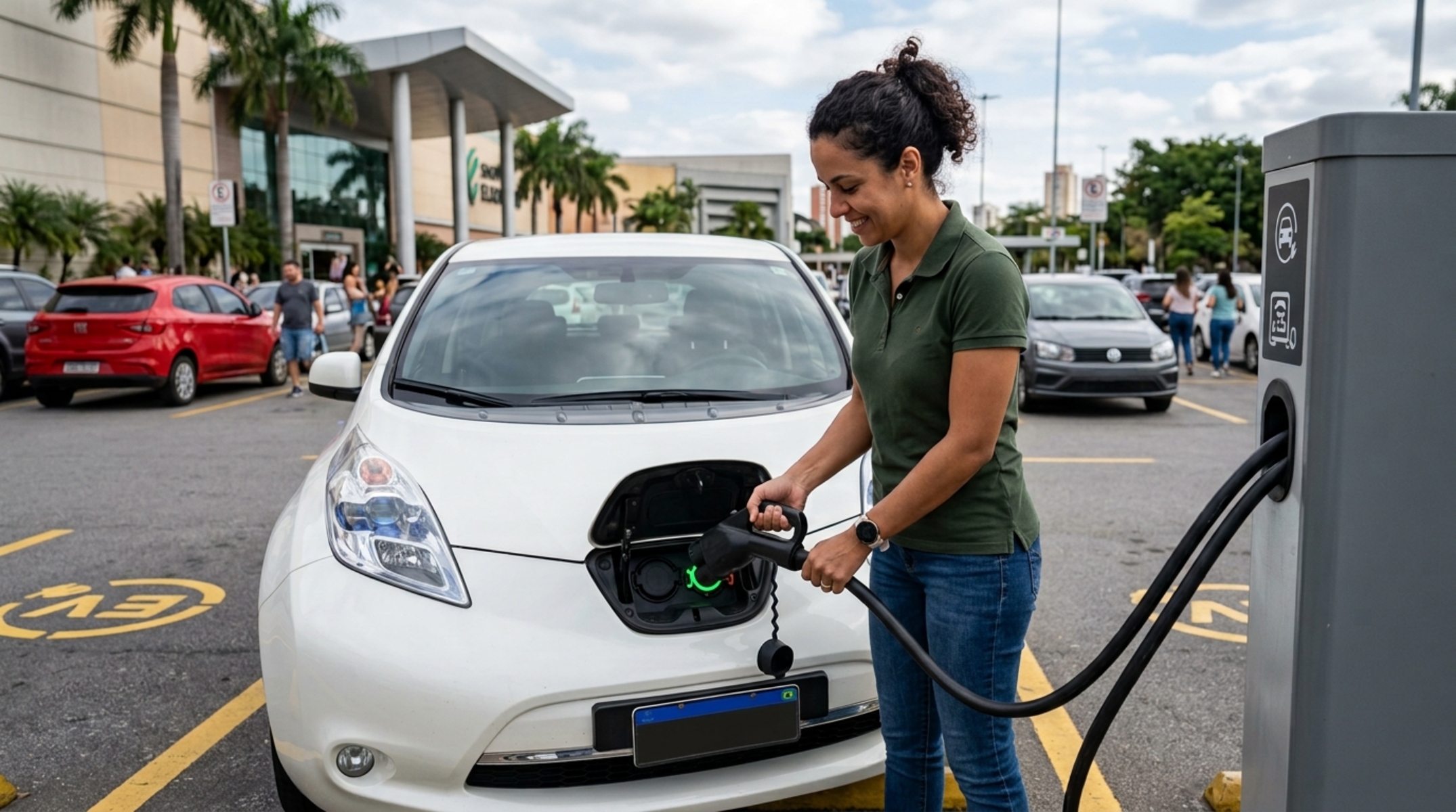 Condutor estaciona por poucos minutos numa vaga destinada à recarga de carros elétricos sem conectar o veículo e descobre que a sinalização vale mesmo quando não há ninguém esperando