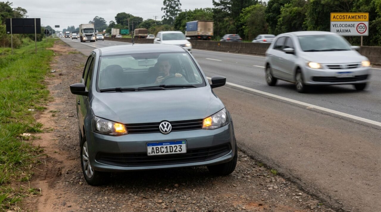 Motorista para o carro no acostamento para atender o celular e descobre que o local não pode ser usado para isso, recebendo multa e pontos na carteira