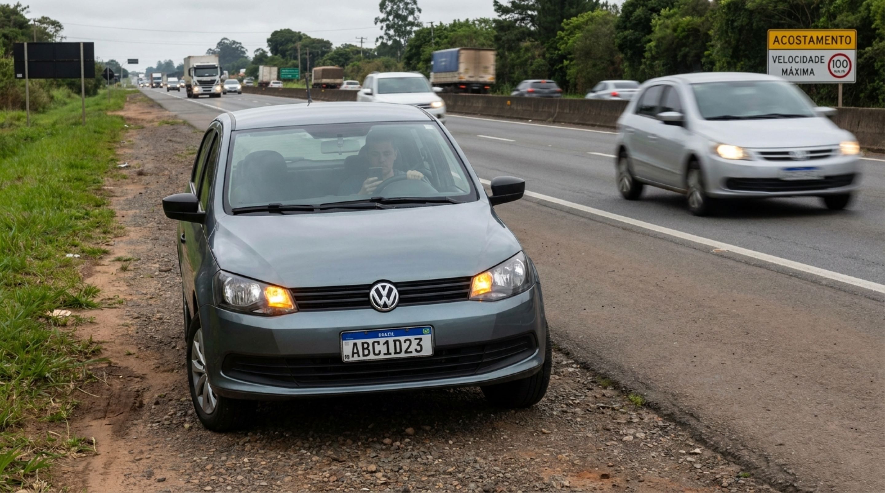 Motorista para o carro no acostamento para atender o celular e descobre que o local não pode ser usado para isso, recebendo multa e pontos na carteira
