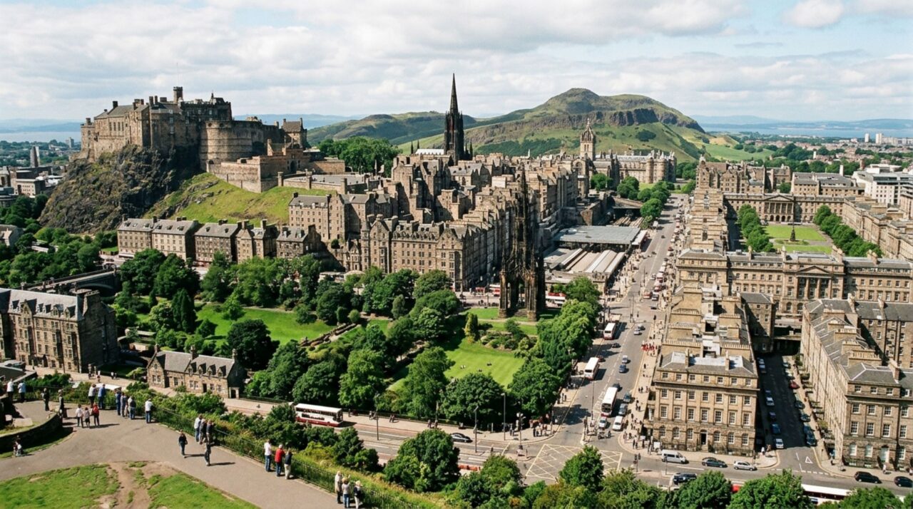 Um castelo cresce sobre uma rocha vulcânica e a cidade desce pela crista em Edimburgo