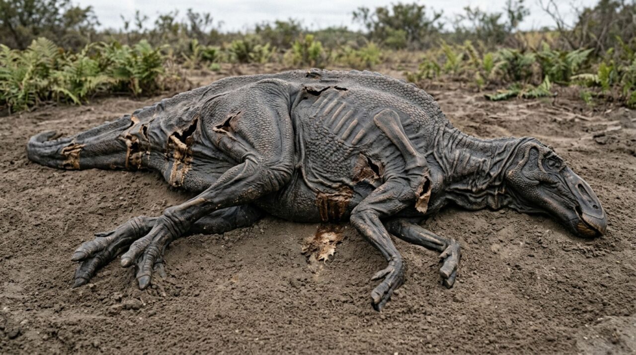 O consumo parcial da carcaça de Dakota pode ter facilitado a drenagem e a secagem da pele resistente antes da fossilização