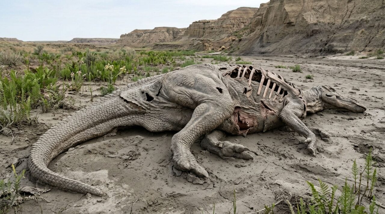 Este dinossauro morreu há cerca de 67 milhões de anos e ainda preservou parte da pele, mas as marcas encontradas nela mostraram que sua carcaça não ficou intacta