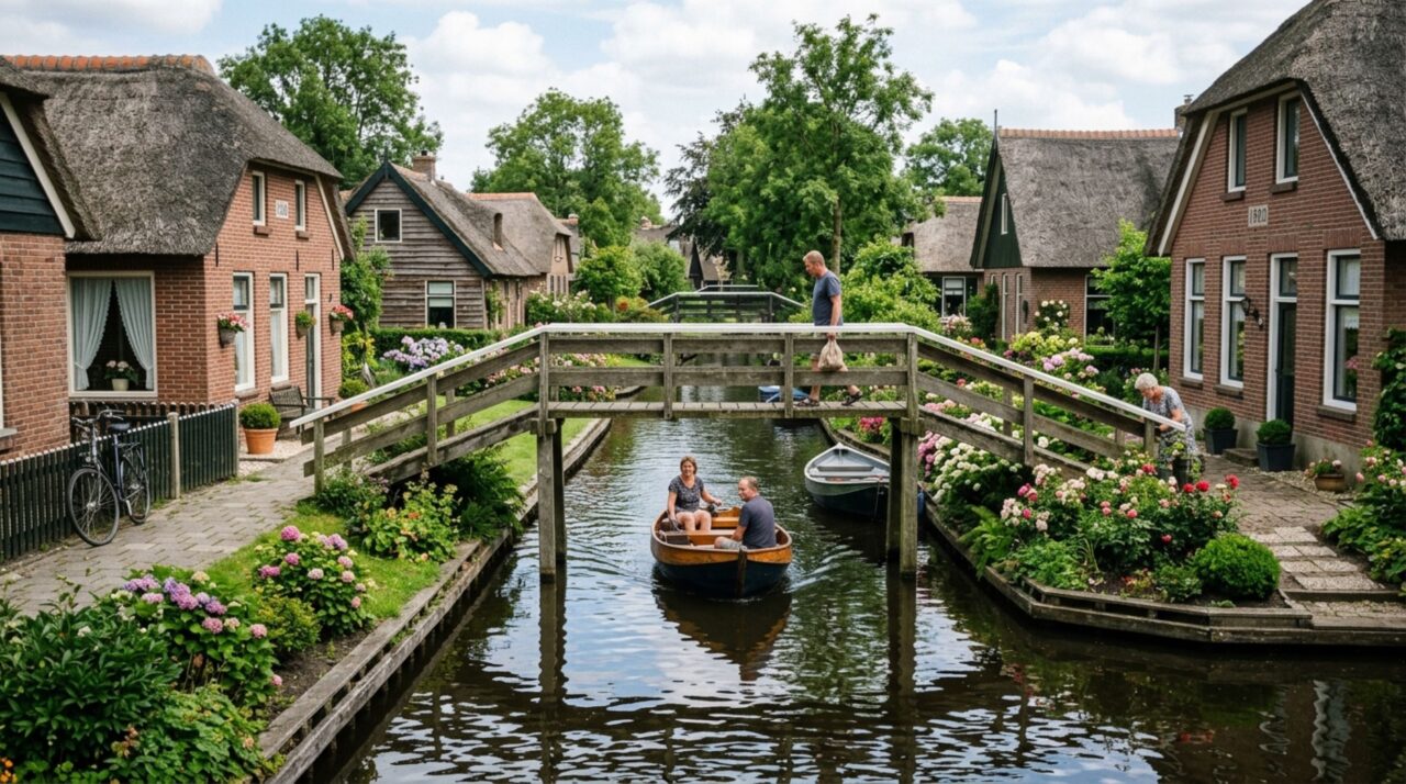 Barcos elétricos, caminhos e pontes formam a principal rede de deslocamento no centro histórico de Giethoorn