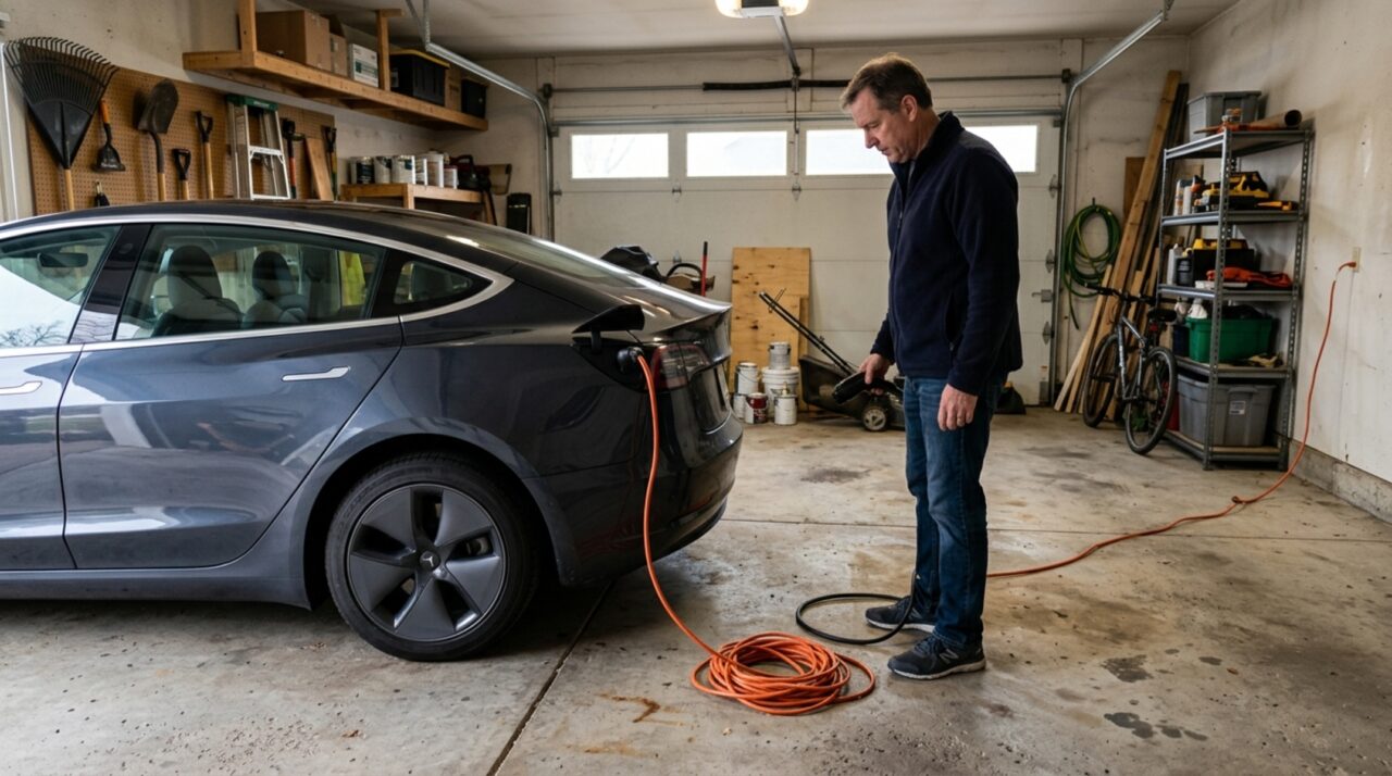 Dono de carro elétrico leva uma extensão até a garagem para carregar o veículo, mas uma exigência de segurança muda o projeto