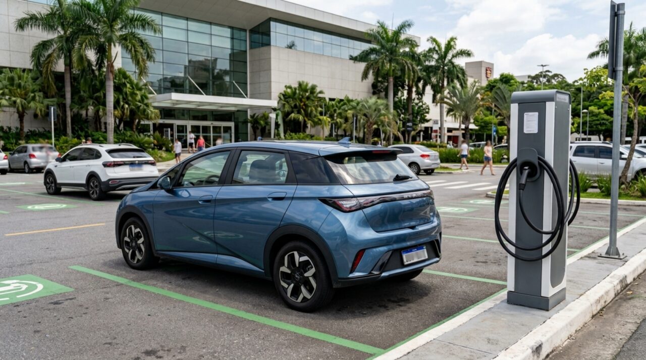 Condutor estaciona por poucos minutos numa vaga destinada à recarga de carros elétricos sem conectar o veículo e descobre que a sinalização vale mesmo quando não há ninguém esperando