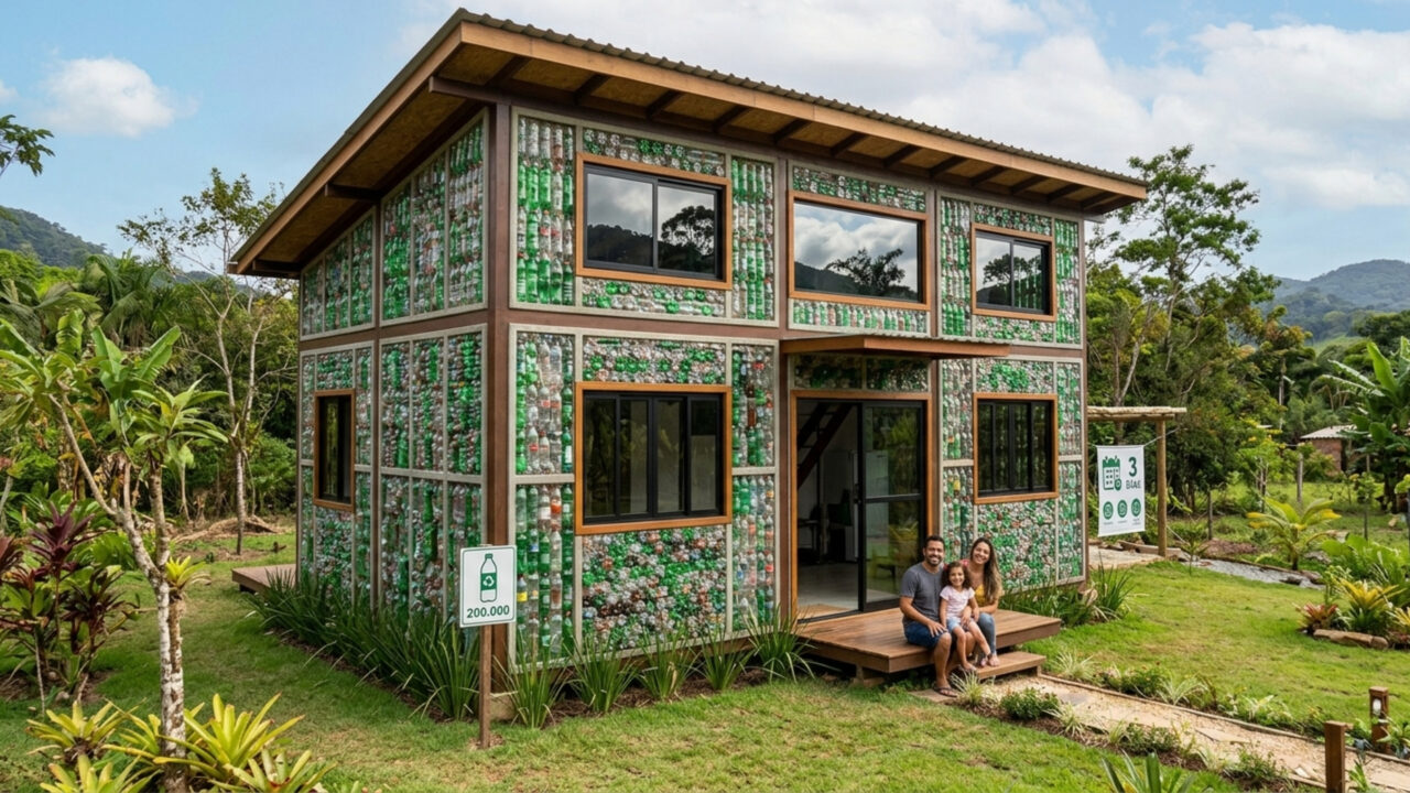 Eles construíram uma casa em 3 dias com painéis pré-fabricados e são feitos de 200.000 garrafas plásticas recicladas