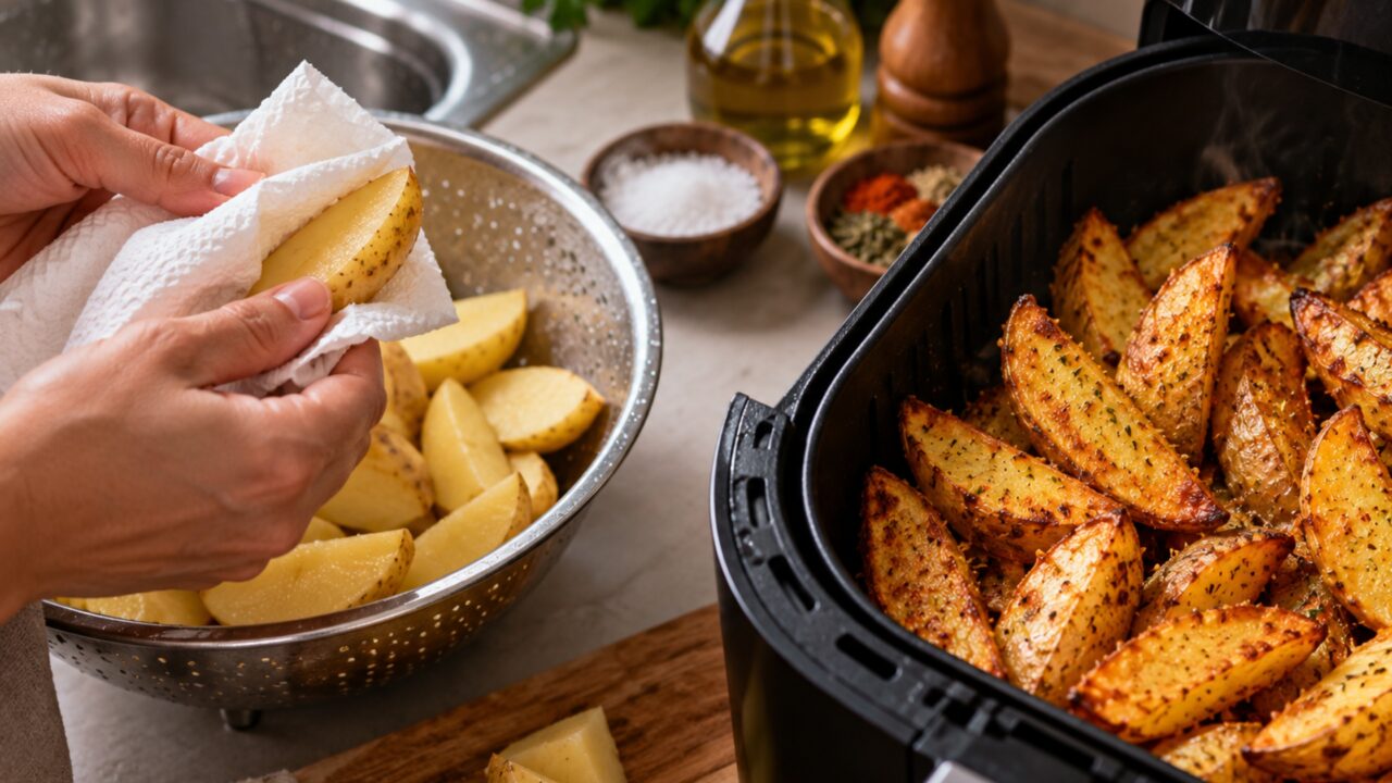 Em vez de fritar, cozinheira coloca a batata temperada diretamente na air fryer e um detalhe antes do preparo deixa a casquinha muito mais crocante