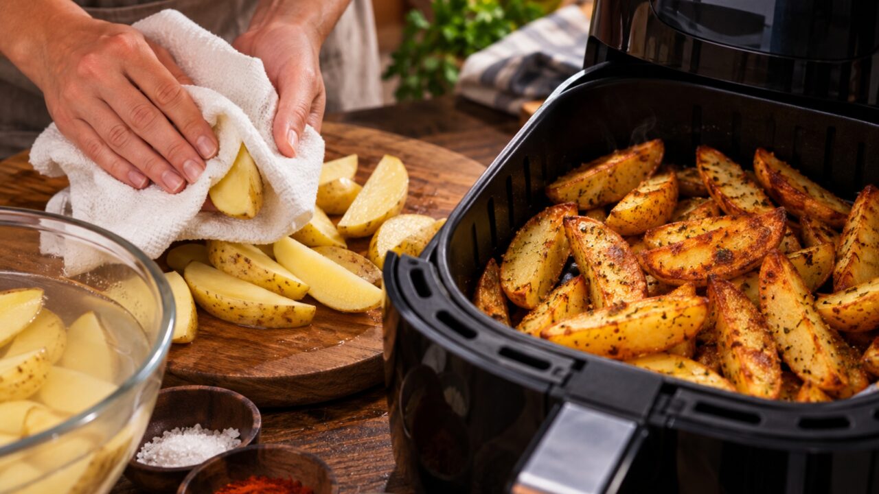 Em vez de fritar, cozinheira coloca a batata temperada diretamente na air fryer e um detalhe antes do preparo deixa a casquinha muito mais crocante