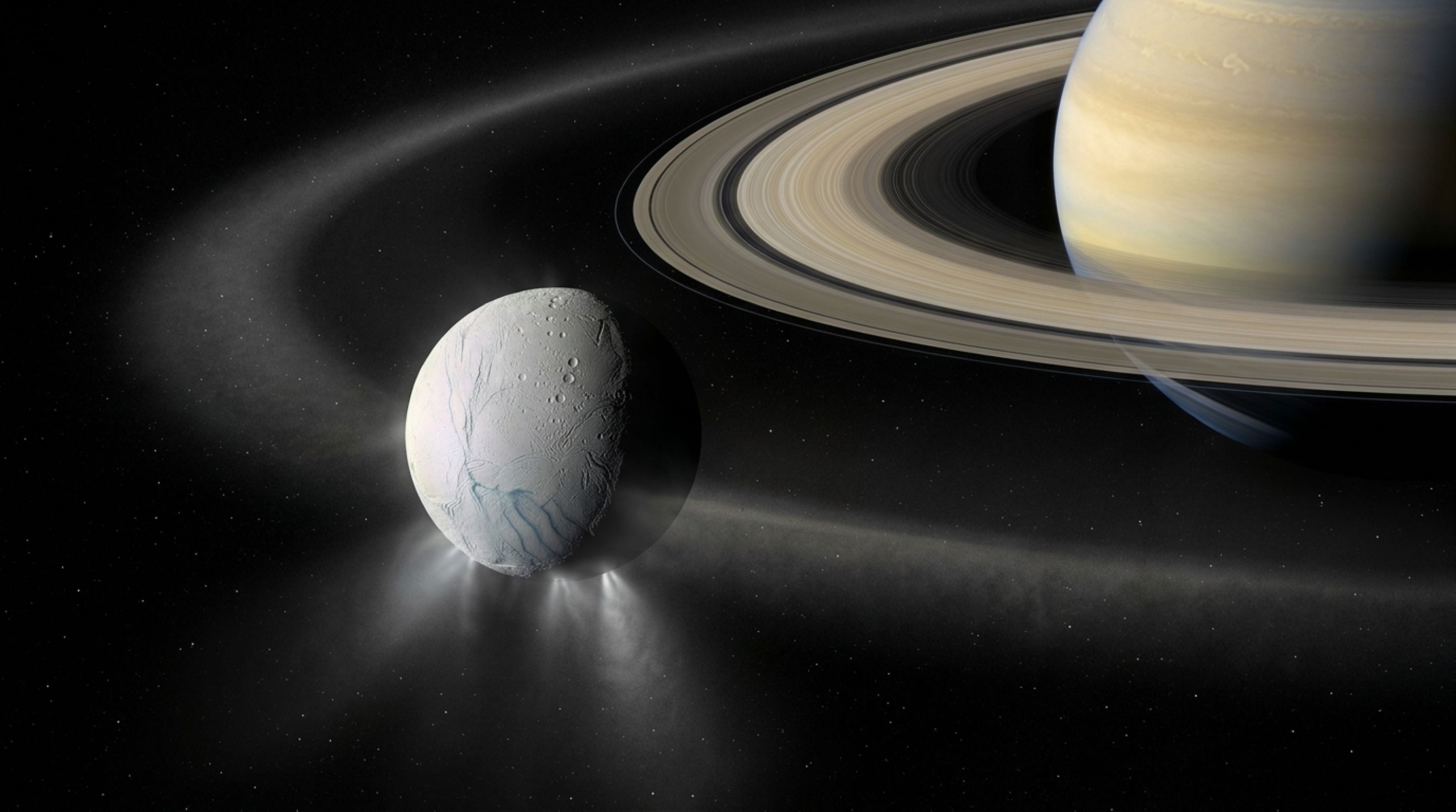 Gêiseres lançam água e gelo para o espaço a partir do polo sul de uma pequena lua de Saturno e alimentam um anel inteiro do planeta