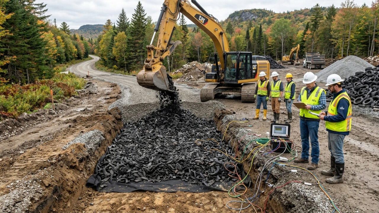 Engenheiros enterram cerca de 20.000 pneus reciclados sob a estrada para combater lama e geada