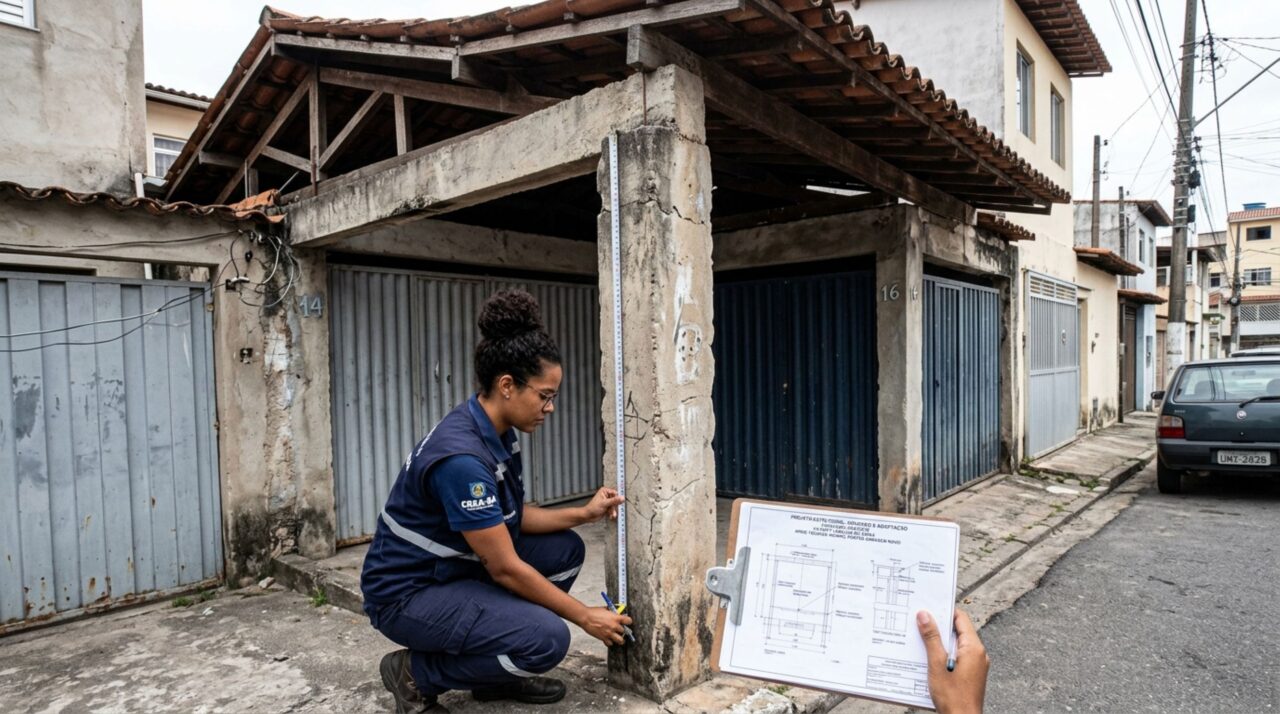 Família troca o portão antigo por um modelo mais largo e, durante a retirada, descobre que um dos pilares também ajudava a sustentar a cobertura da garagem vizinha