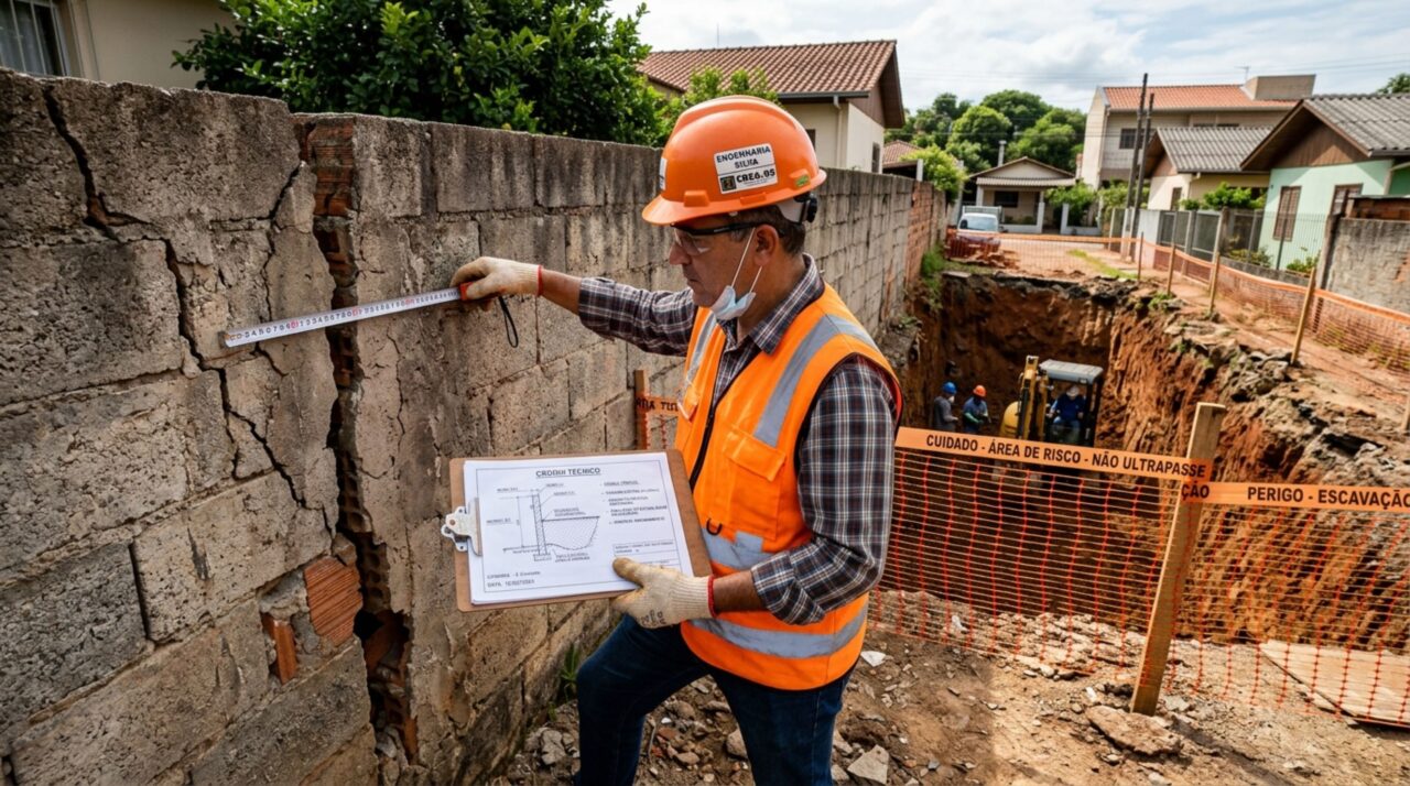 Homem rebaixa o terreno para construir uma garagem e, durante a escavação, vizinho percebe que o muro entre as duas casas começou a apresentar rachaduras