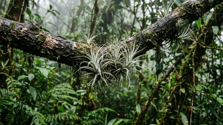 Tillandsias epífitas crescendo sobre galhos sem contato com o solo
