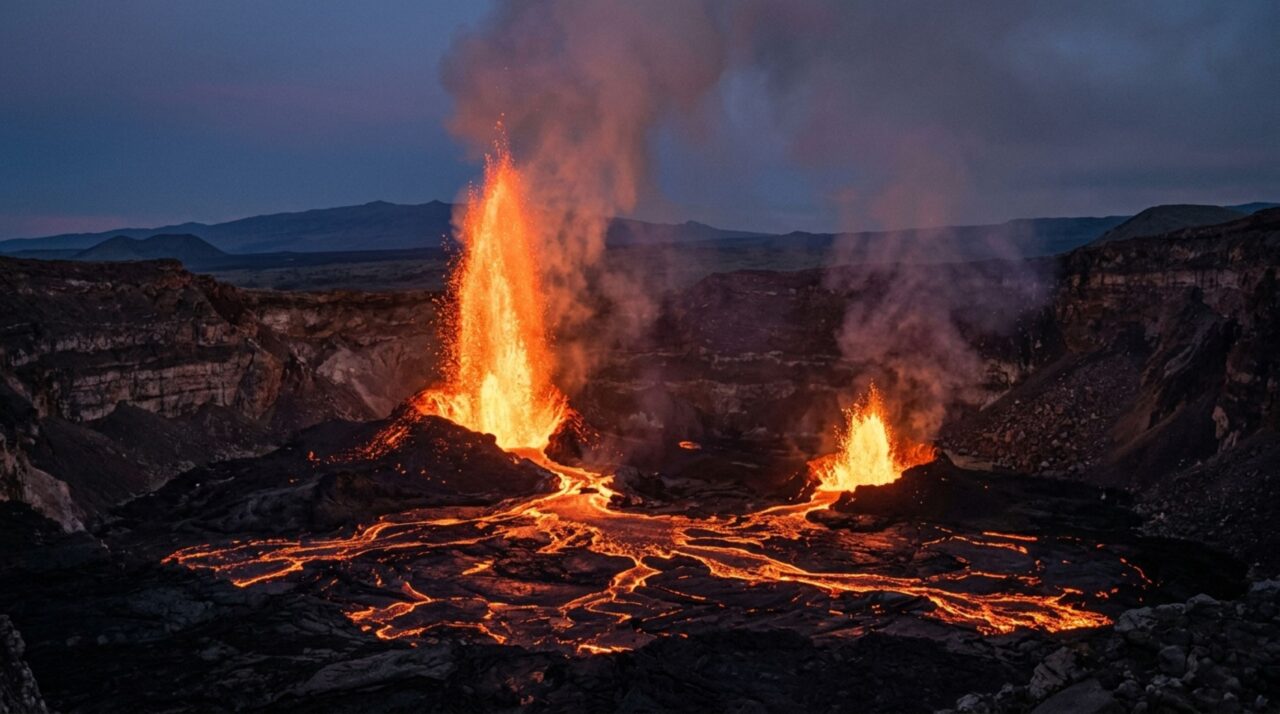 Uma erupção começou em dezembro e chegou a 20 episódios de fontes de lava em poucos meses, algumas vezes com dois jatos subindo ao mesmo tempo