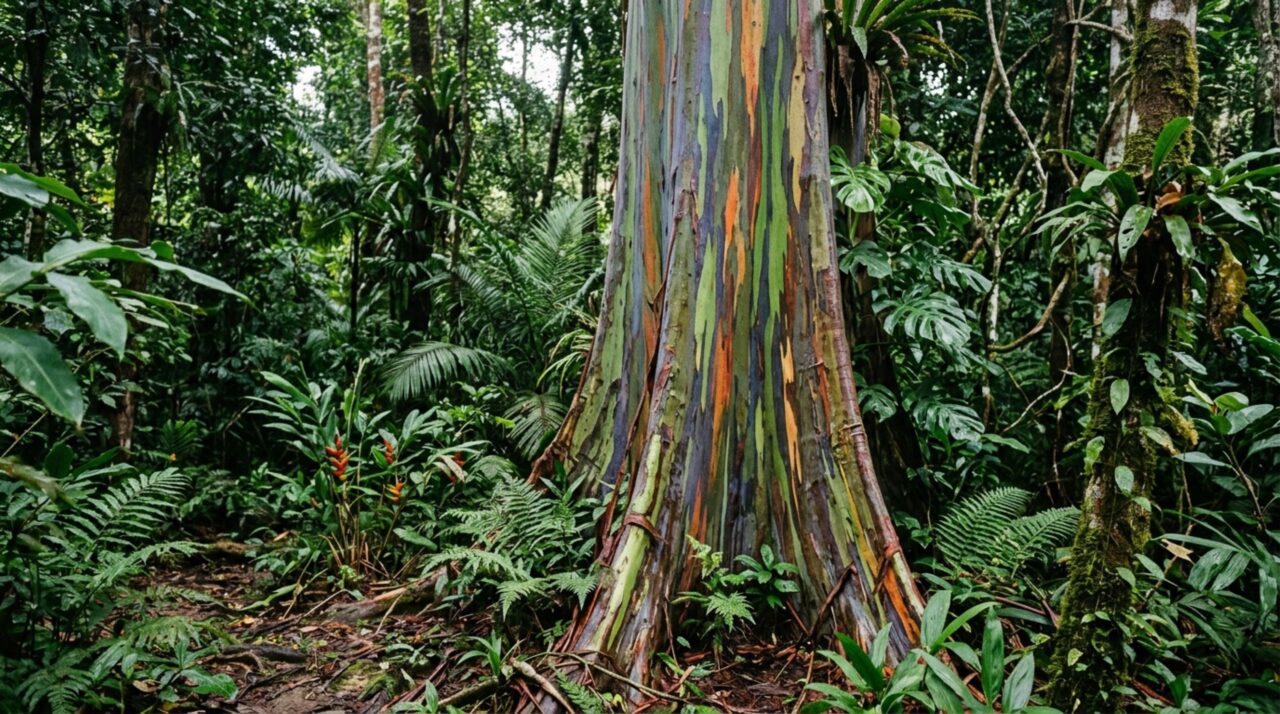 Uma árvore do Pacífico solta a casca em tiras e revela manchas verdes, azuis, laranjas e roxas que mudam conforme o tronco envelhece