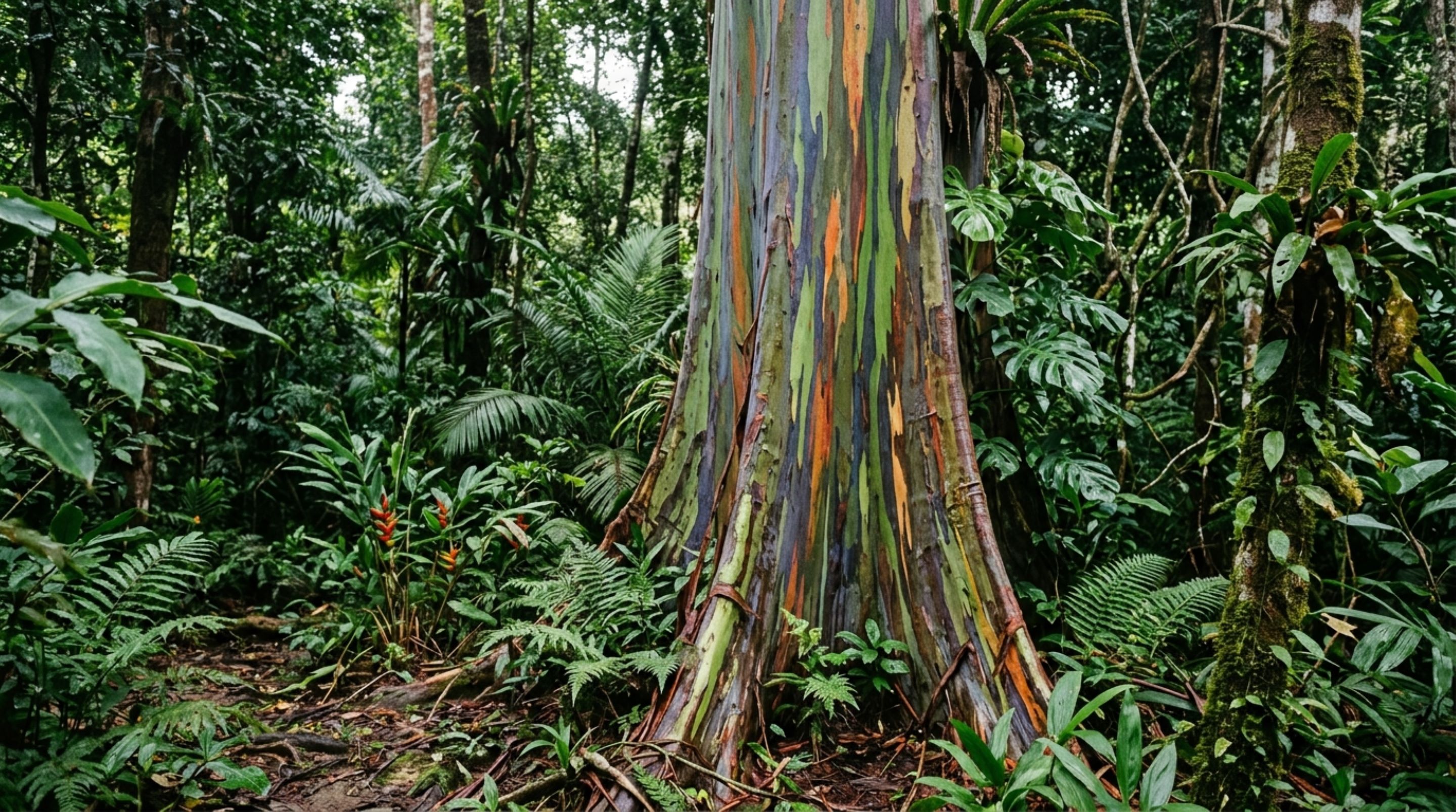 Uma árvore do Pacífico solta a casca em tiras e revela manchas verdes, azuis, laranjas e roxas que mudam conforme o tronco envelhece