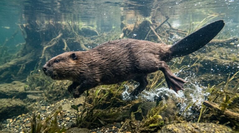 Castor-europeu nadando submerso com adaptações para a vida aquática
