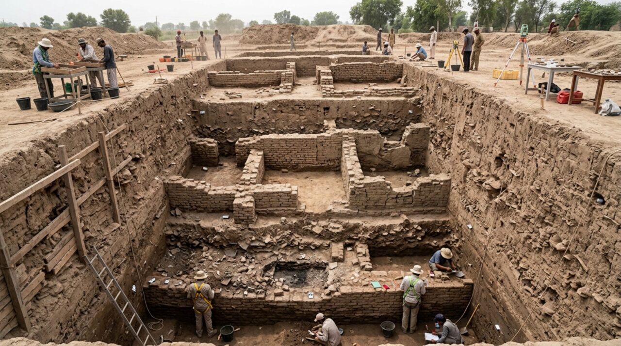 Camadas sucessivas de construção formaram os grandes montes arqueológicos de Harappa