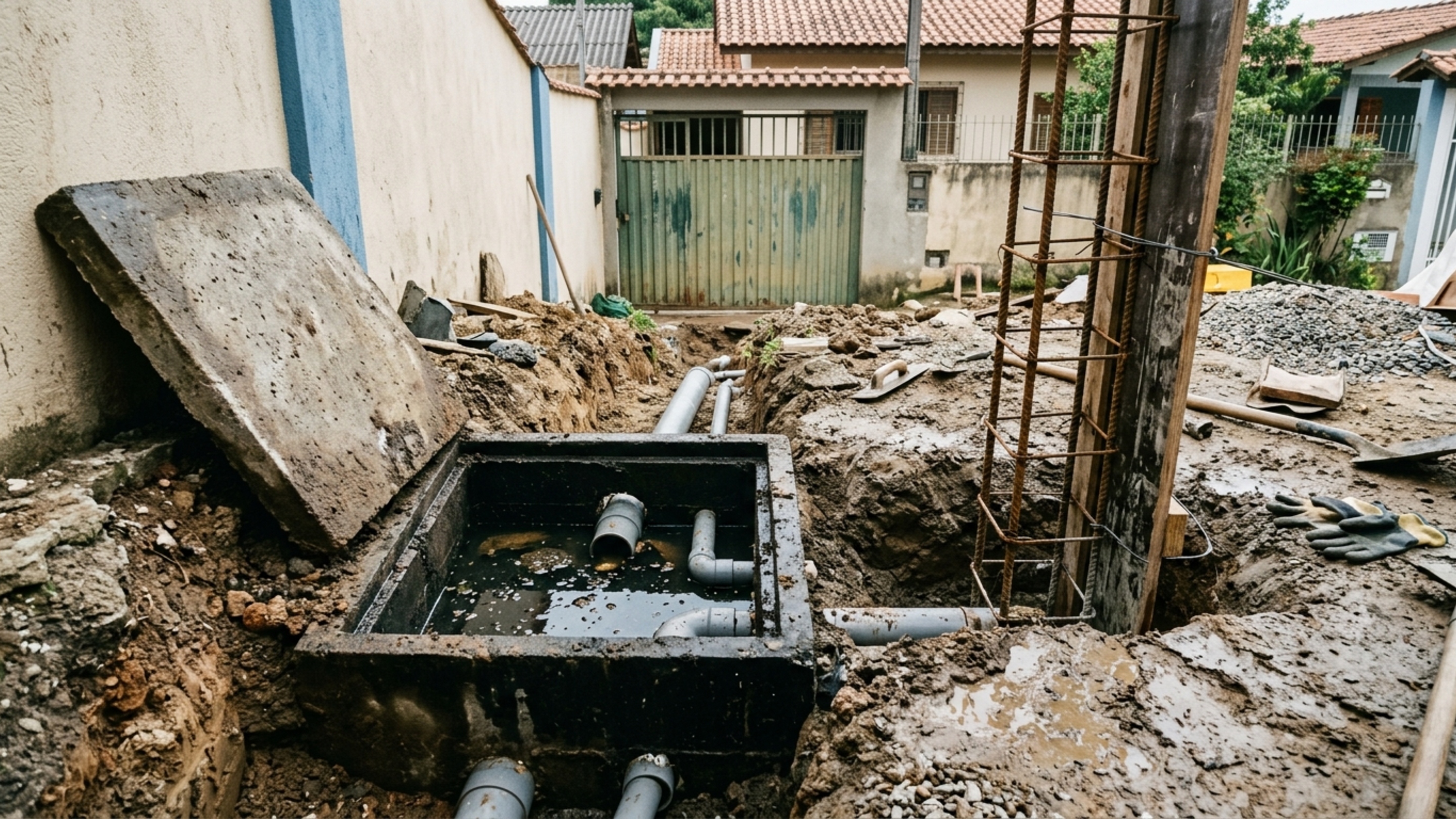 Ao reformar a garagem, proprietário encontra uma antiga caixa de inspeção bem no ponto onde pretendia fixar coluna de concreto