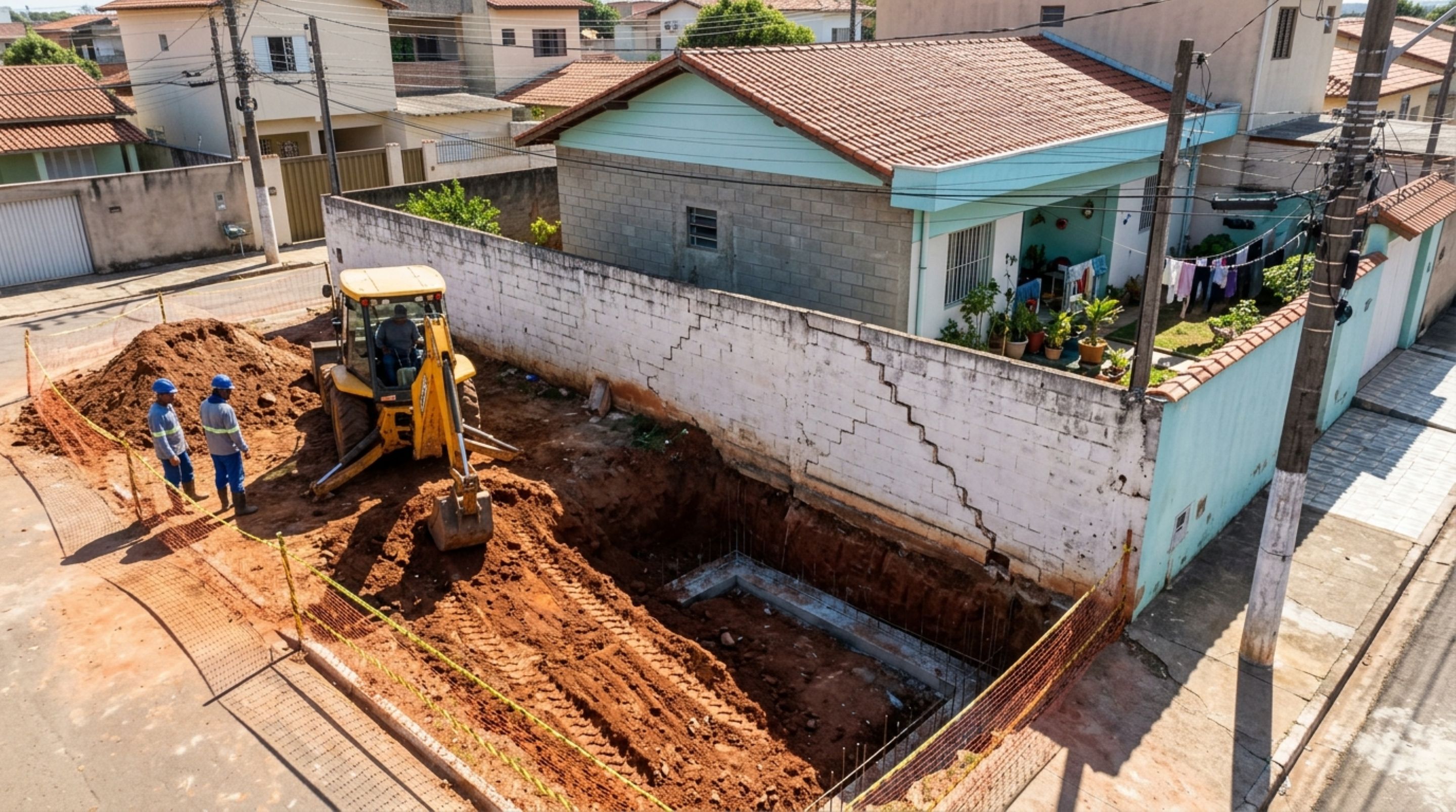 Homem rebaixa o terreno para construir uma garagem e, durante a escavação, vizinho percebe que o muro entre as duas casas começou a apresentar rachaduras