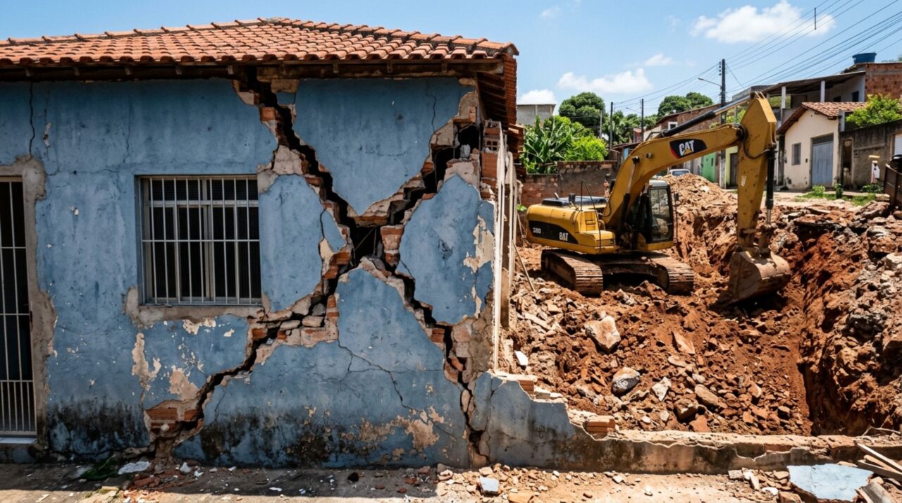 Família percebe rachaduras na parede depois de escavação no terreno vizinho e exige avaliação técnica antes que a obra continue