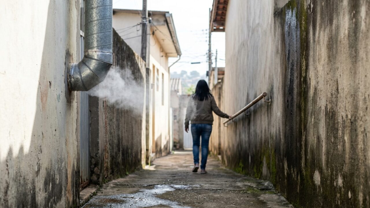 Moradores reformam o banheiro e descobrem só depois que novo exaustor lança todo o ar úmido diretamente no corredor estreito da casa vizinha