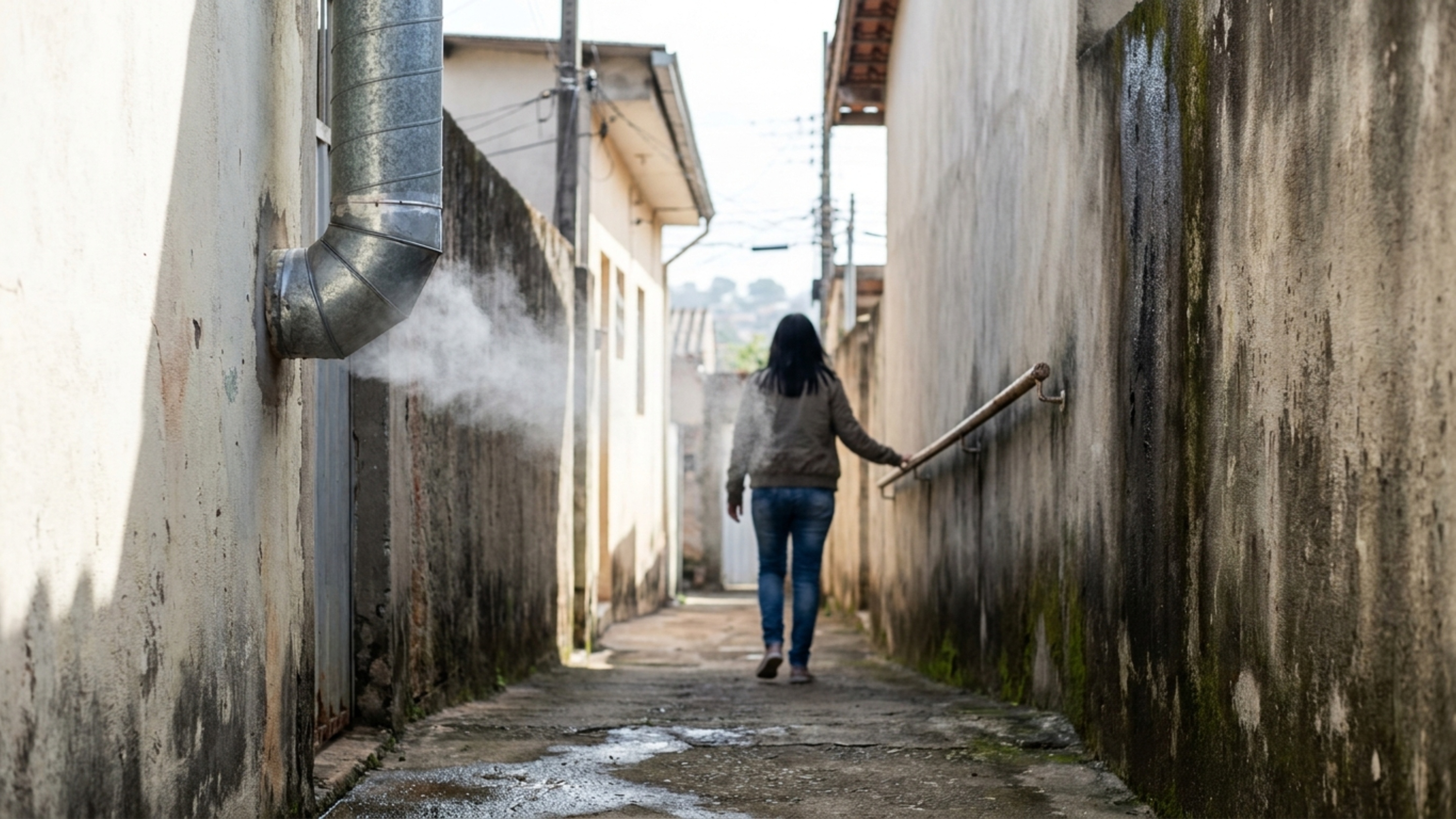 Moradores reformam o banheiro e descobrem só depois que novo exaustor lança todo o ar úmido diretamente no corredor estreito da casa vizinha