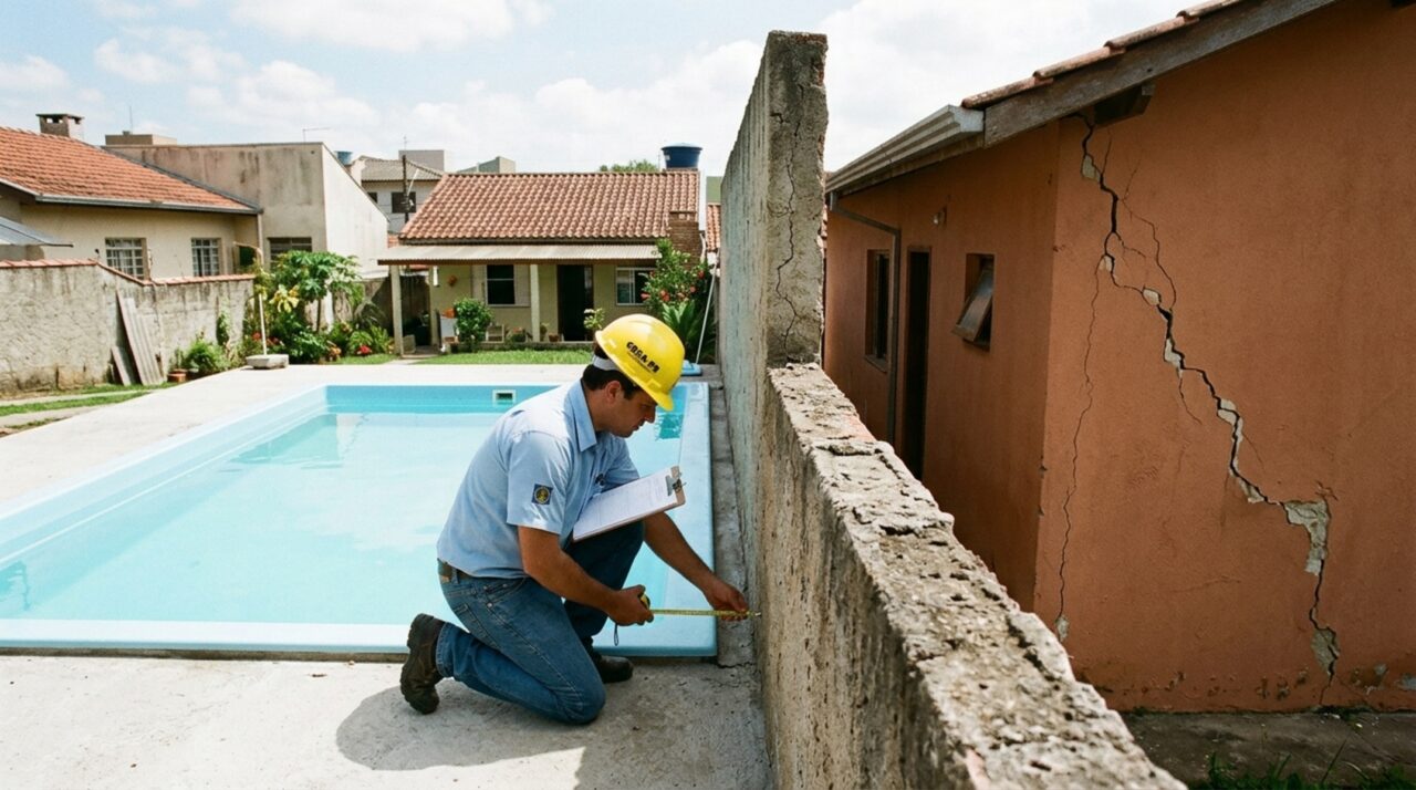 Família constrói piscina a 1,2 metro do muro e vizinho cobra R$ 18 mil por rachaduras na própria casa, então perícia precisa definir quem deve pagar