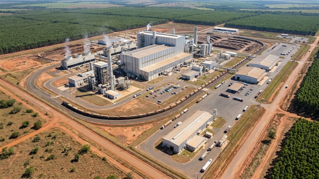 Megaobra de R$ 25 bilhões ocupa uma área de 3 km por 2 km no interior do Brasil e ergue a maior fábrica de celulose de linha única do mundo, capaz de produzir 3,5 milhões de toneladas por ano