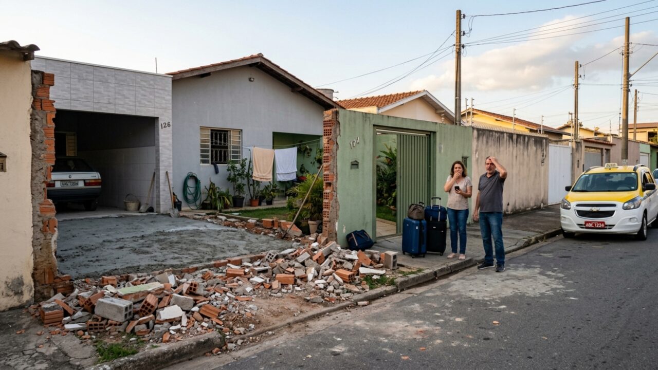 Casal viaja por dez dias e, quando volta, encontra o muro lateral demolido pelo vizinho para ampliar a entrada da garagem, moradores discutem quem deve reconstruir a divisão