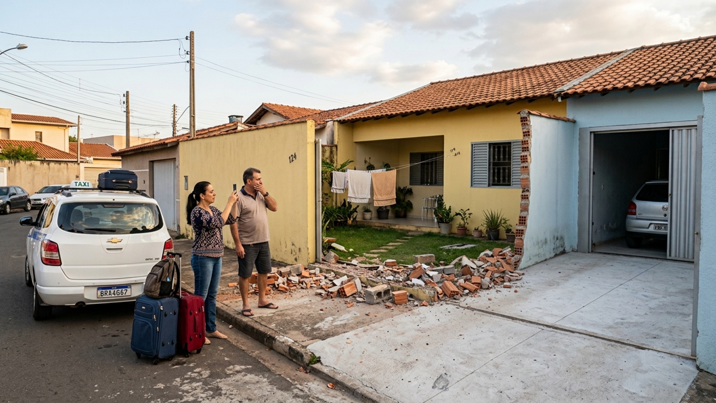 Família viajou por dez dias e, quando voltou, encontrou o muro lateral demolido pelo vizinho para ampliar a entrada da garagem, moradores discutem quem deve reconstruir a divisão