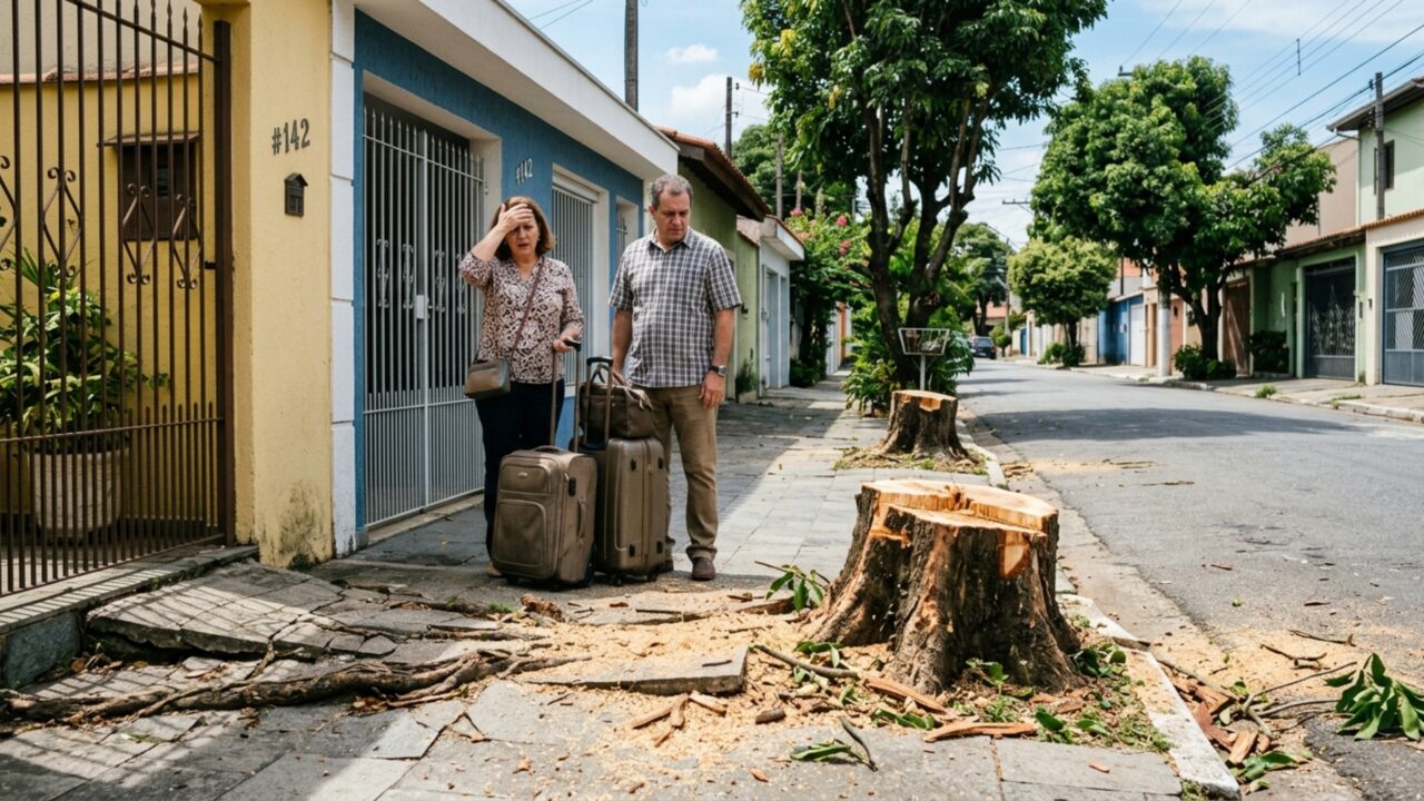 Casal planta duas árvores na frente de casa, cuida delas por 12 anos e volta de viagem encontrando os troncos cortados porque o vizinho alegou que as raízes estavam levantando sua calçada