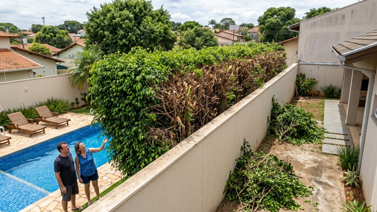 Família planta cerca-viva para ganhar privacidade e, oito anos depois, vizinho corta toda a lateral das plantas alegando que galhos e raízes já tinham avançado para seu terreno