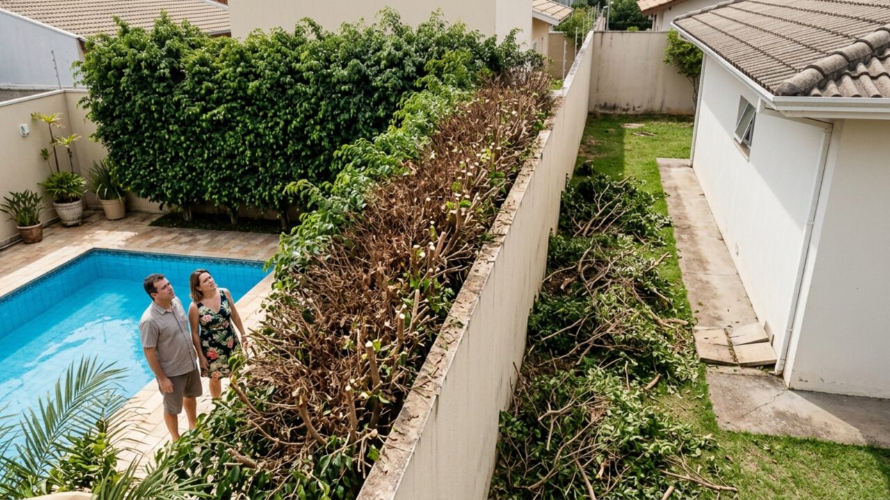 Família planta cerca-viva para ganhar privacidade e, oito anos depois, vizinho corta toda a lateral das plantas alegando que galhos e raízes já tinham avançado para seu terreno