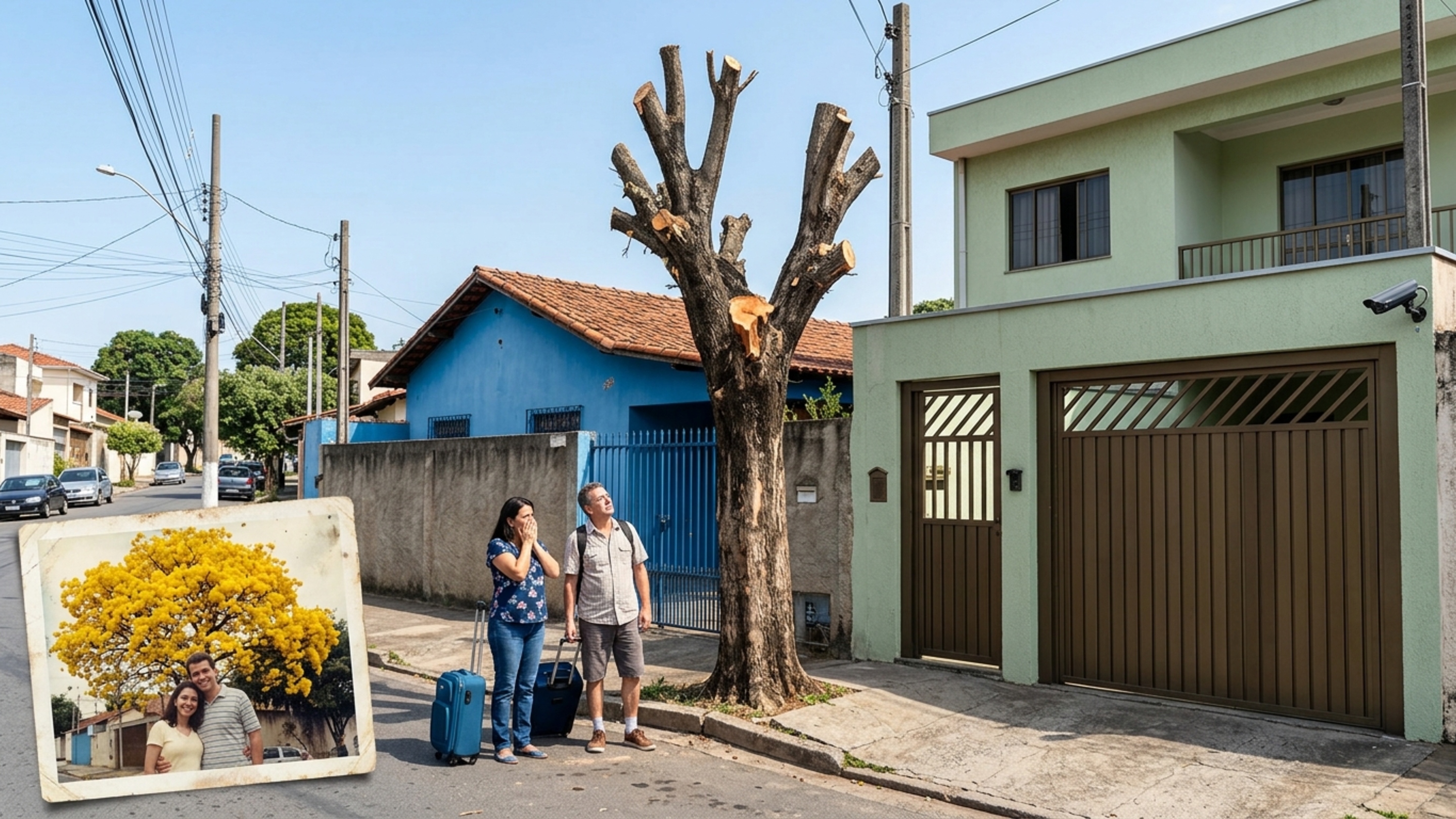 Família volta de viagem e encontra árvore do quintal podada quase até o tronco porque vizinho dizia que os galhos estavam bloqueando sua câmera de segurança
