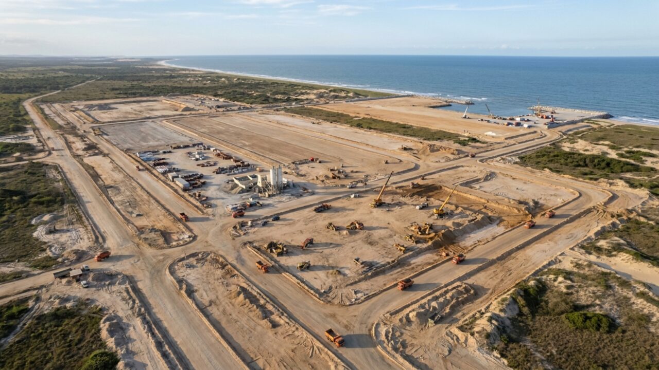 Megaporto de 20 milhões de m² avança no litoral brasileiro com 10 km de píeres e profundidade de 25 metros para receber navios de até 400 mil toneladas