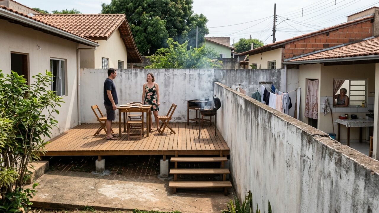 Casal faz deck elevado no fundo do quintal para colocar mesa e churrasqueira e vizinhos percebem que quem fica sobre a estrutura consegue enxergar por cima do muro