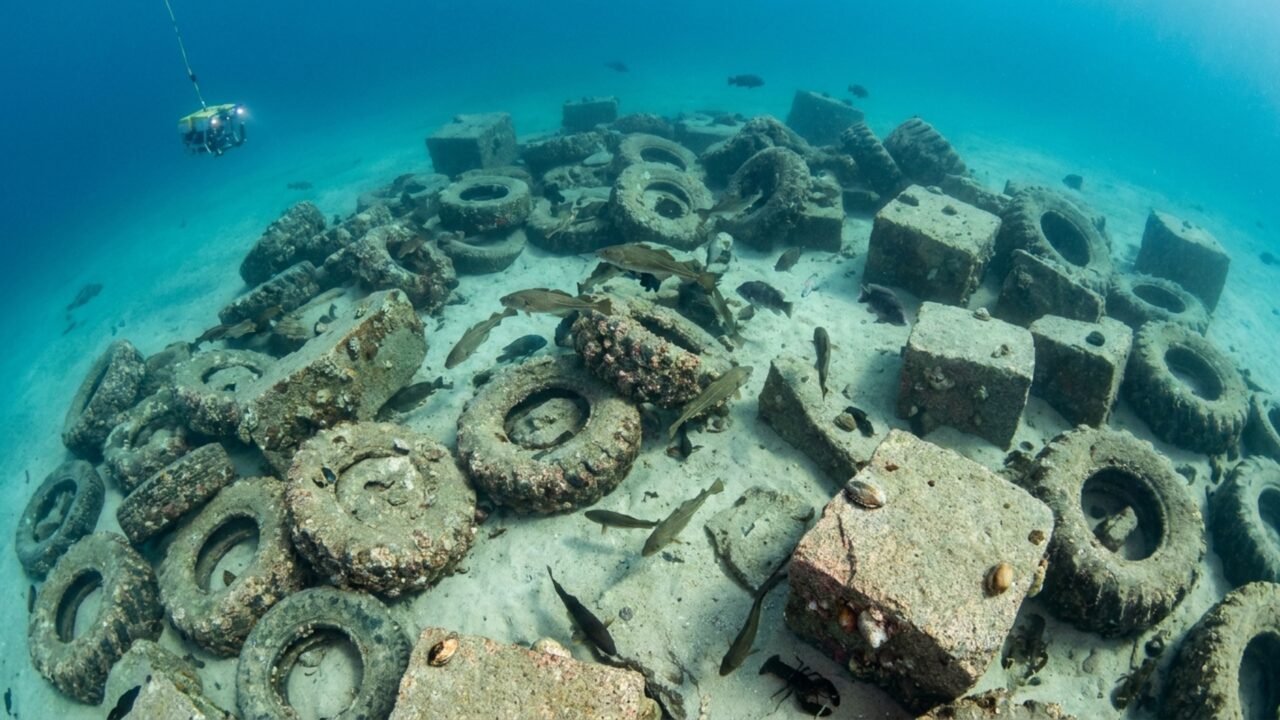 Pneus preenchidos com concreto começaram a ser lançados ao mar em 1978 e quase 50 anos depois o local abriga lagostas, tubarões e peixes