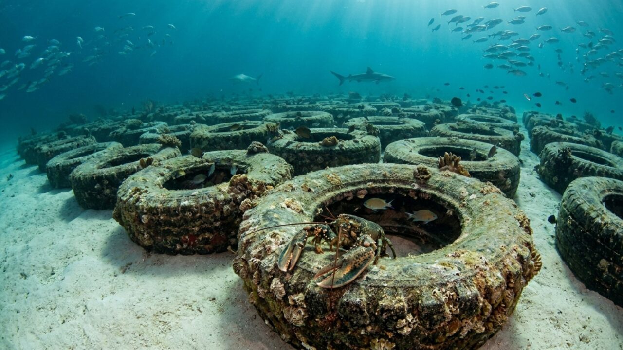 Pneus preenchidos com concreto começaram a ser lançados ao mar em 1978 e quase 50 anos depois o local abriga lagostas, tubarões e peixes