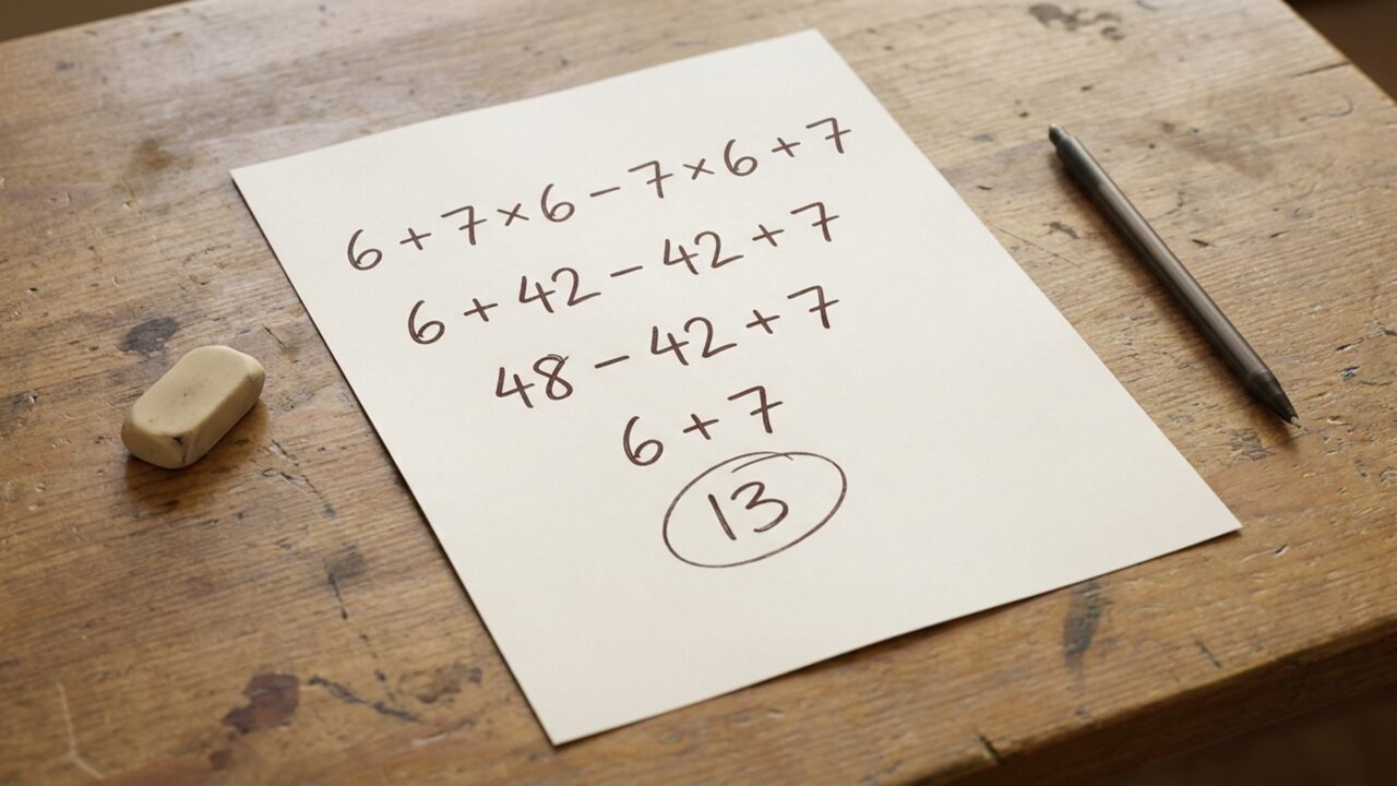 Resolva 6 + 7 × 6 − 7 × 6 + 7 e prove se você consegue chegar ao resultado correto sem precisar de uma calculadora