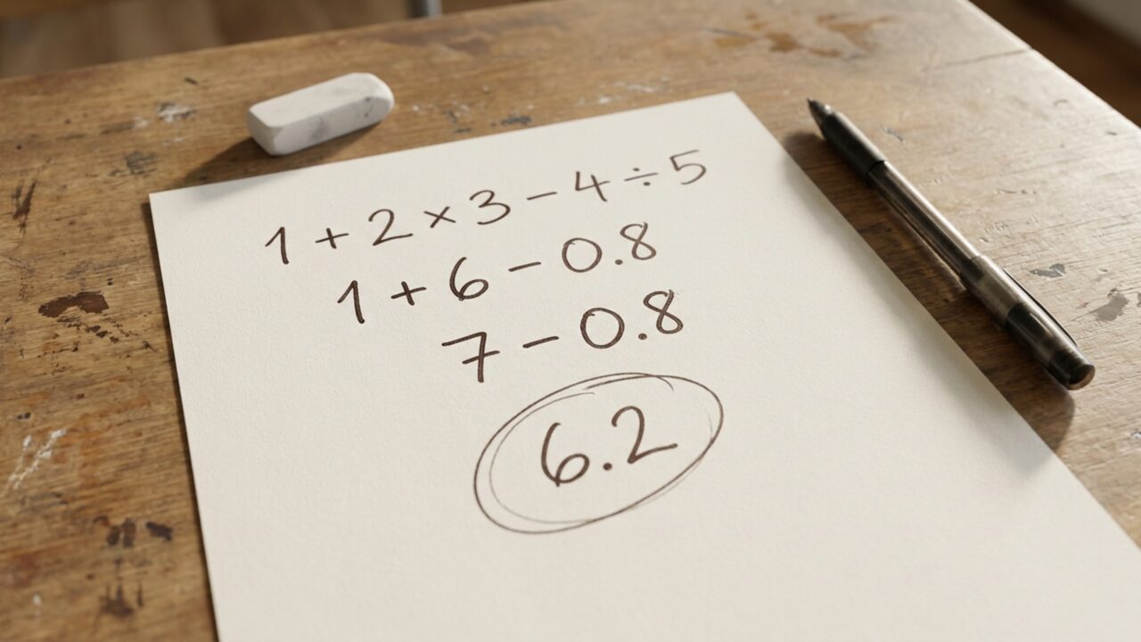 Resolva 1 + 2 × 3 − 4 ÷ 5 e teste se você consegue chegar ao resultado correto sem calculadora