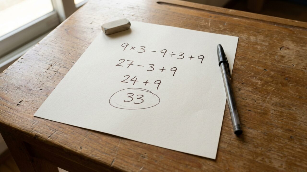Resolva 9 × 3 − 9 ÷ 3 + 9 e teste se você ainda lembra quando fazer divisão e multiplicação