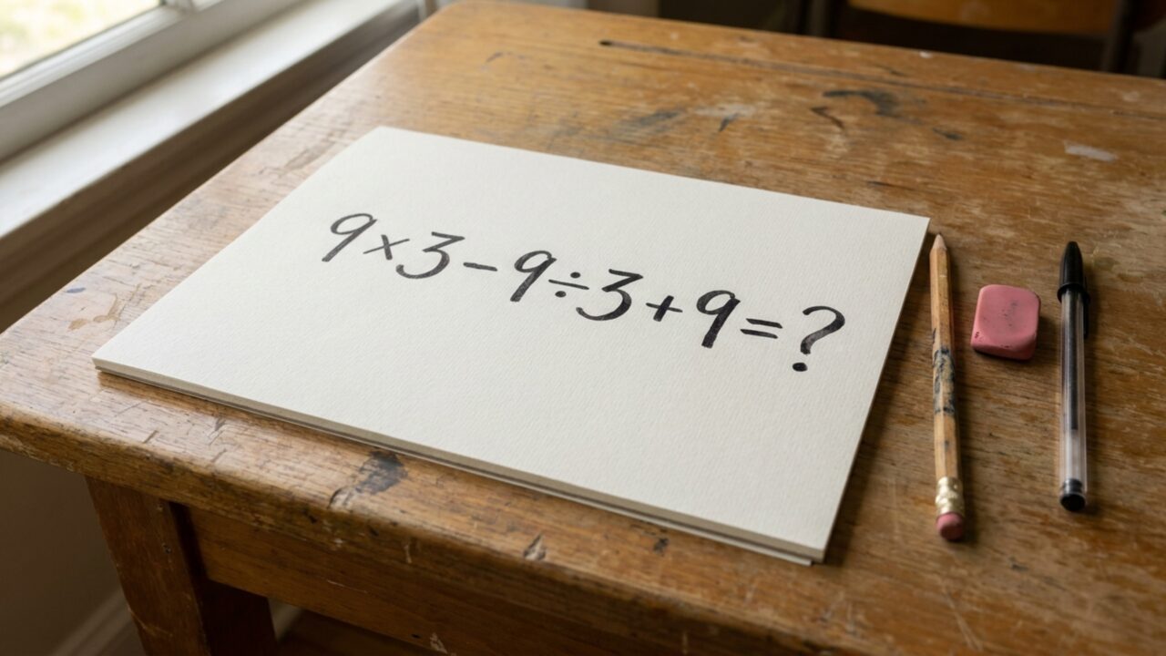 Resolva 9 × 3 − 9 ÷ 3 + 9 e teste se você ainda lembra quando fazer divisão e multiplicação