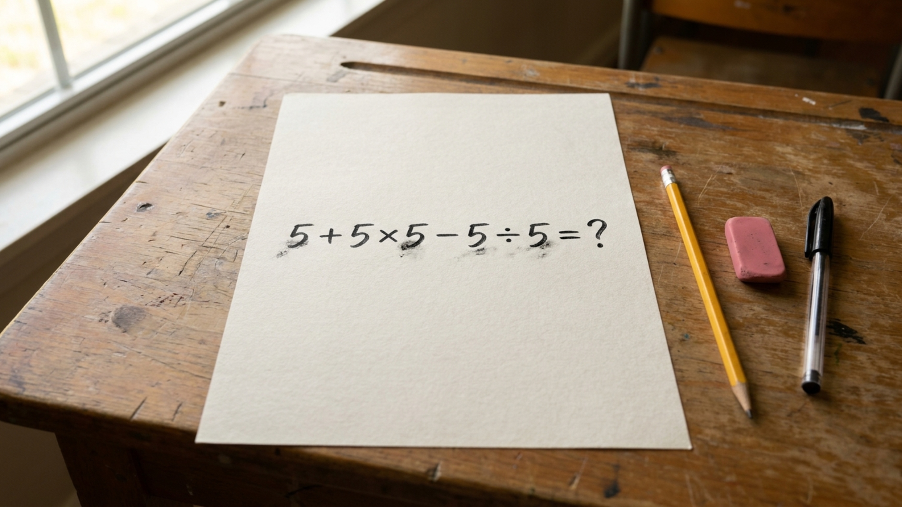 Resolva 5 + 5 × 5 − 5 ÷ 5 e teste se você consegue chegar ao resultado correto sem calculadora