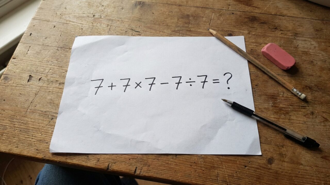 Resolva 7 + 7 × 7 − 7 ÷ 7 e veja se você consegue chegar ao resultado correto sem calculadora