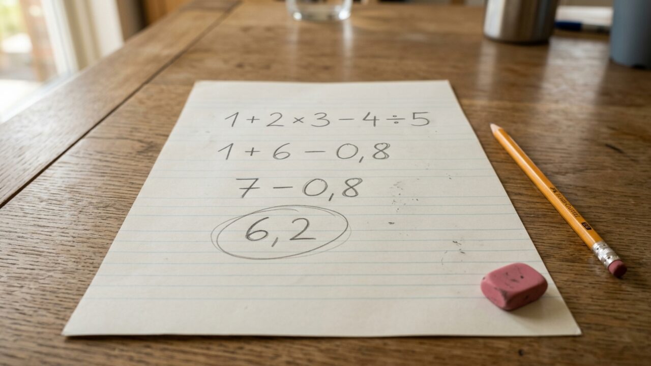 Resolva 1 + 2 × 3 − 4 ÷ 5 e teste se você consegue chegar ao resultado correto sem calculadora