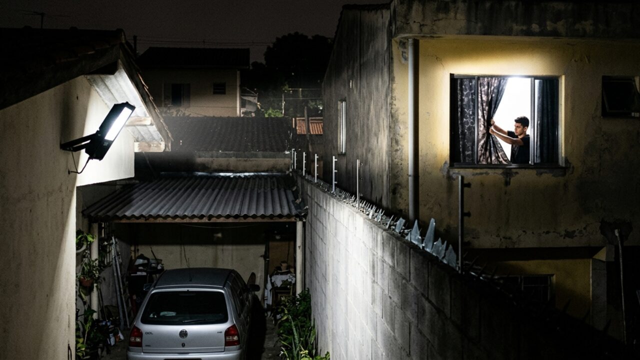 Moradora instala refletor forte na garagem depois de uma tentativa de furto e vizinho reclama que a luz passou a entrar diretamente pela janela do quarto durante toda a noite