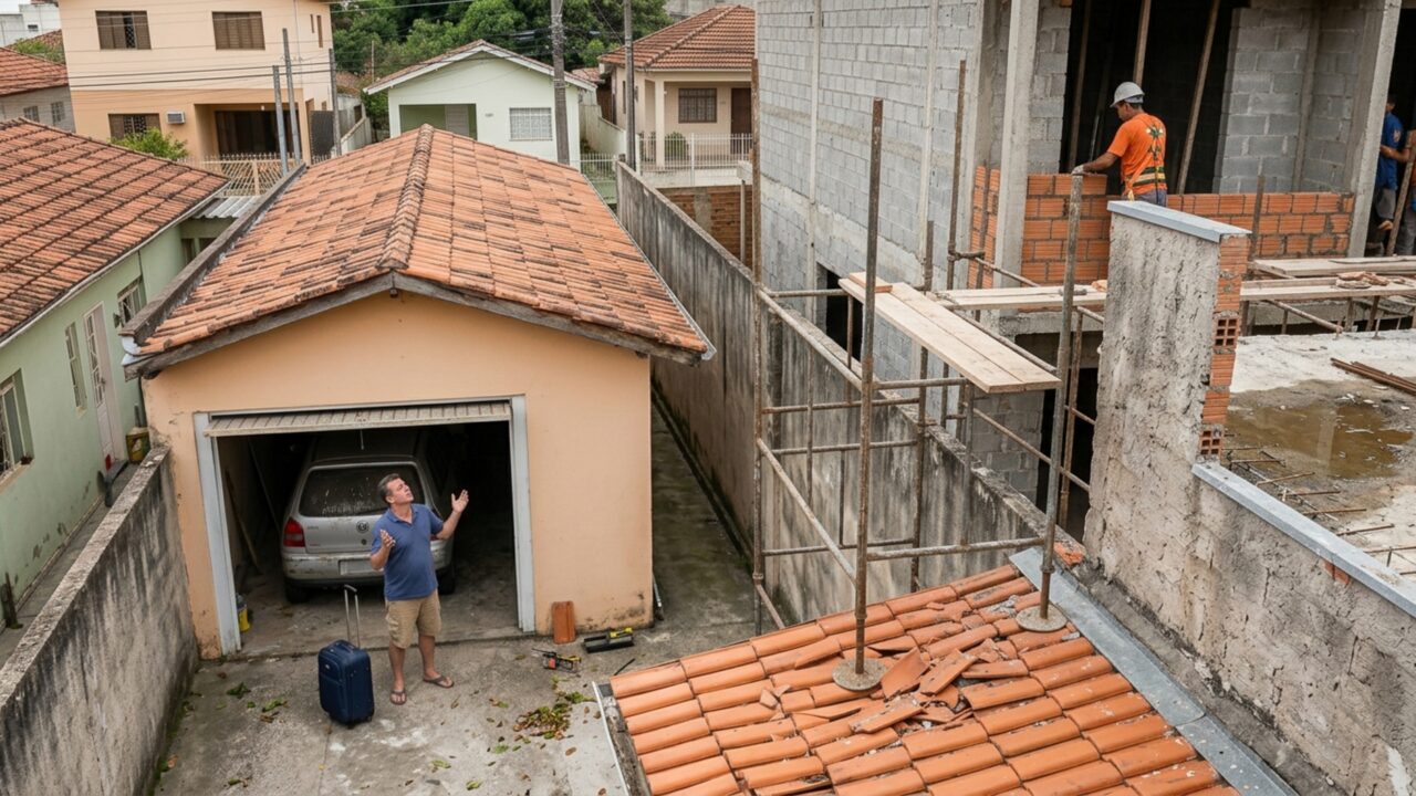 Proprietário volta de viagem e encontra andaime da obra vizinha apoiado sobre o telhado de sua garagem, com várias telhas quebradas